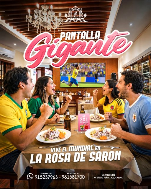 ¡Vive el mundial como se debe... en La Rosa de Sarón! ⚽🔥
Pantalla gigante, sonido envolvente, ceviche en la mesa y el mejor ambiente del Callao para que disfrutes cada partido al máximo.🤩
Y lo mejor... ¡2x1 en cócteles durante los partidos! 🍹🍸
Ven con tus amigos, ponte la camiseta y a gritar gol juntos 🥅
¡Las mesas se agotan, reserva ya!
📍 Av. Sáenz Peña 1401, Callao
📲 Reservas: 915 237 963 / 981 581 700
#LaRosaDeSarón #Mundial2026 #PantallaGigante #ViveElMundial #RestauranteCallao