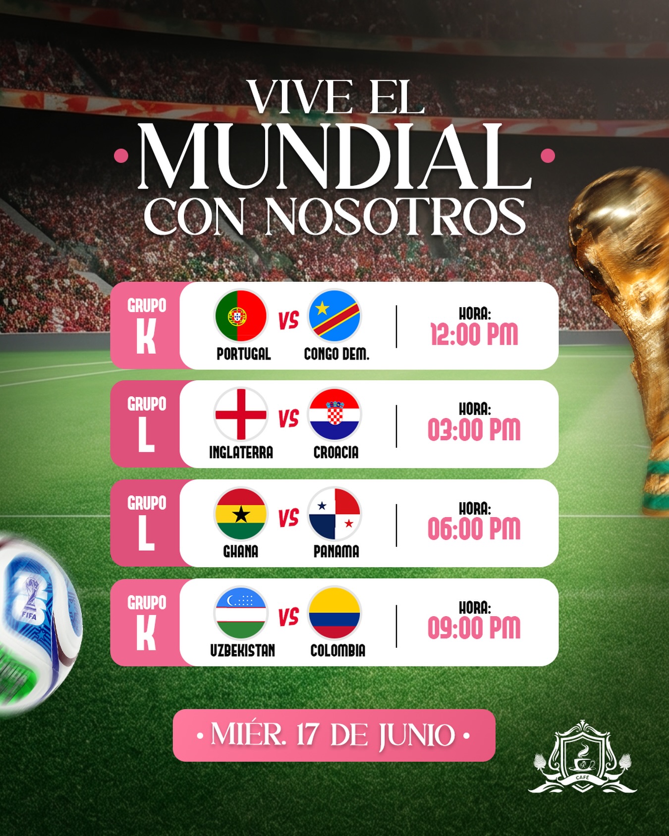 ⚽🔥 ¡No puedes perderte estos partidazos aquí en La Rosa de Sarón!
Estos son los partidos de hoy miércoles 17 de junio 👇
🇵🇹 Portugal vs Congo Dem. 🇨🇩 — 12:00 PM
🏴 Inglaterra vs Croacia 🇭🇷 — 3:00 PM
🇬🇭 Ghana vs Panamá 🇵🇦 — 6:00 PM
🇺🇿 Uzbekistán vs Colombia 🇨🇴 — 9:00 PM
Ven a vivirlos con pantalla gigante, 2x1 en cócteles y la mejor comida del Callao 🌹🍹
¡Reserva tu mesa y asegura tu lugar!
📍 Av. Sáenz Peña 1401, Callao
📲 915 237 963 / 981 581 700
#LaRosaDeSarón #Mundial2026 #PantallaGigante #Miercoles17 #ViveElMundial